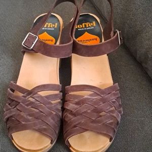 Swedish hasbeens toffel nailed in Sweden sandals. Leather upper wooden sole.